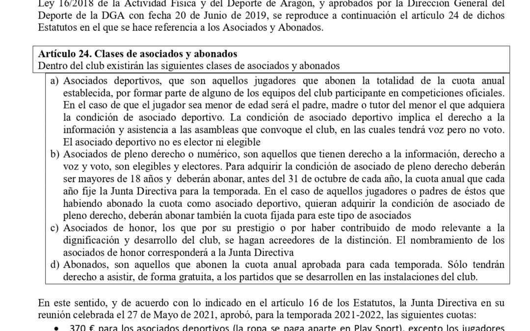 Aviso Asociados y Abonados del Club Unión Deportiva Amistad 2021 – 2022