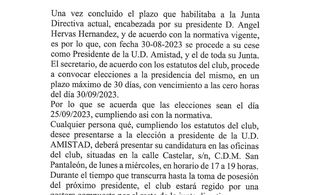 Convocatoria Elecciones UD Amistad
